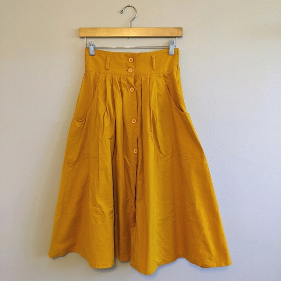EGO FASHIONS Vtg Mustard A-line Midi Skirt - Picture 1 of 10